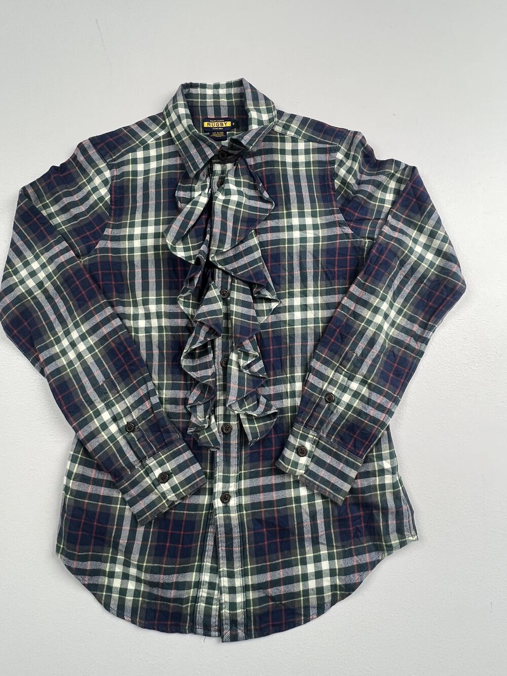 Rugby Ralph Lauren Shirt Womens 2 Blue Plaid Ruffle Front Button Up Flannel